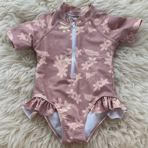 Other - Kids Pink Floral Rash Guard One-Piece Swimsuit with Front Zip